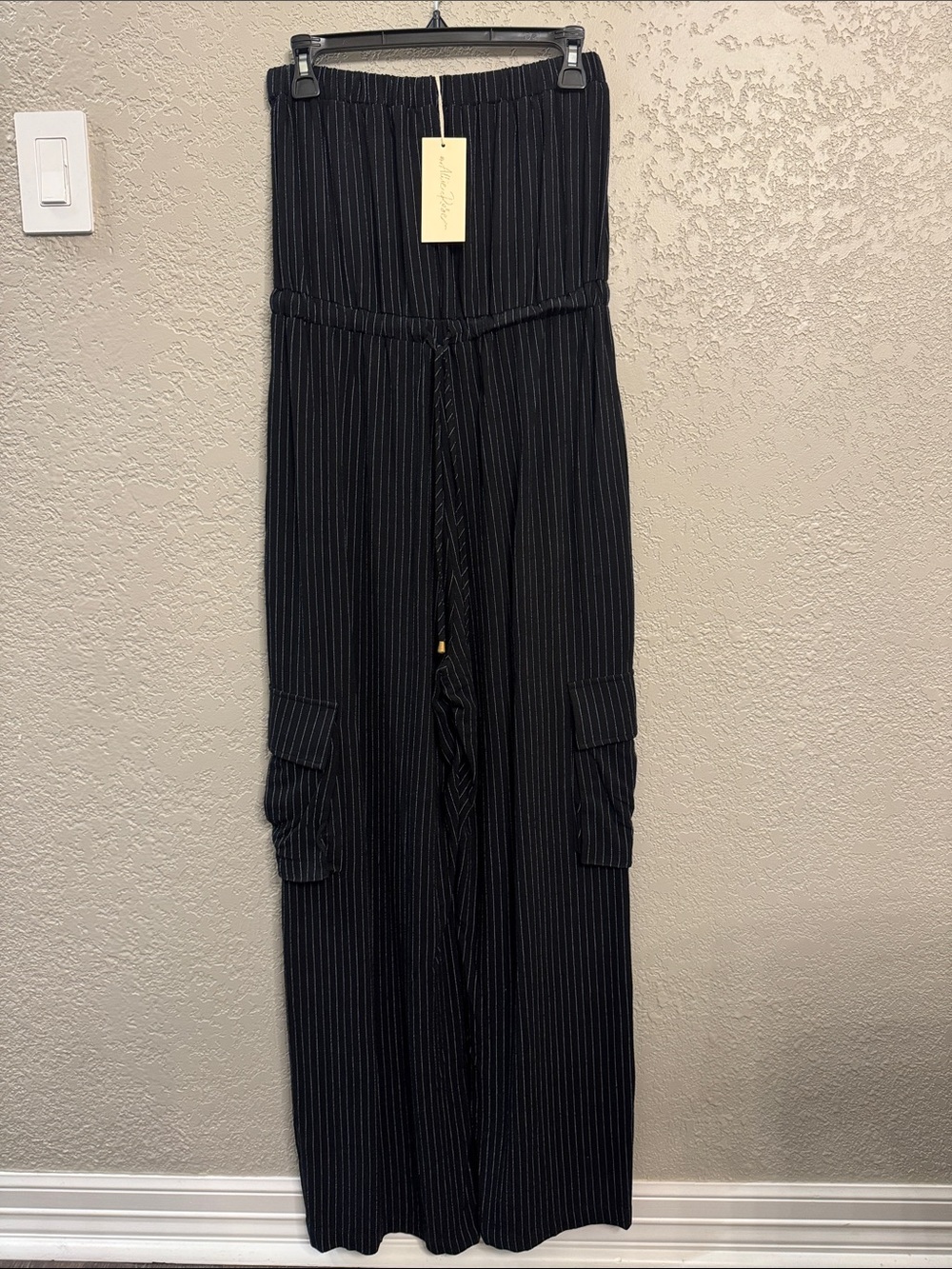 Black Pinstripe Strapless Wide-Leg Jumpsuit with Drawstring